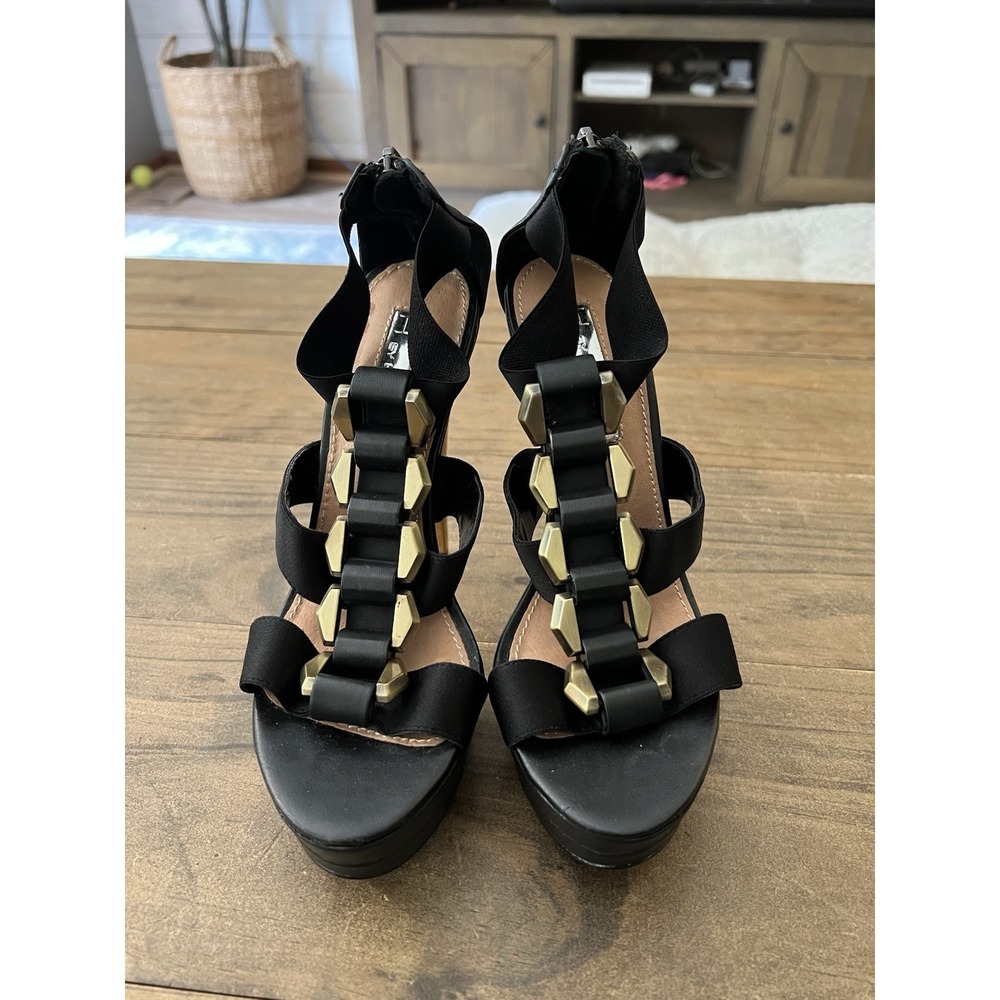 H By Halston Regan Black Platform Heels Womens Size 5 Caged Gladiator Gold Jewel